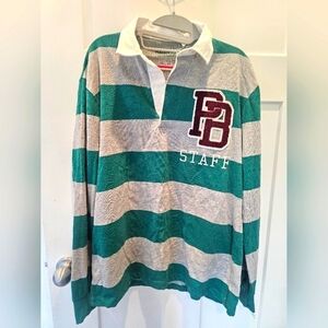 Pull & Bear Rugby Shirt Small Green Gray Stripe PB Staff Logo Long Sleeve